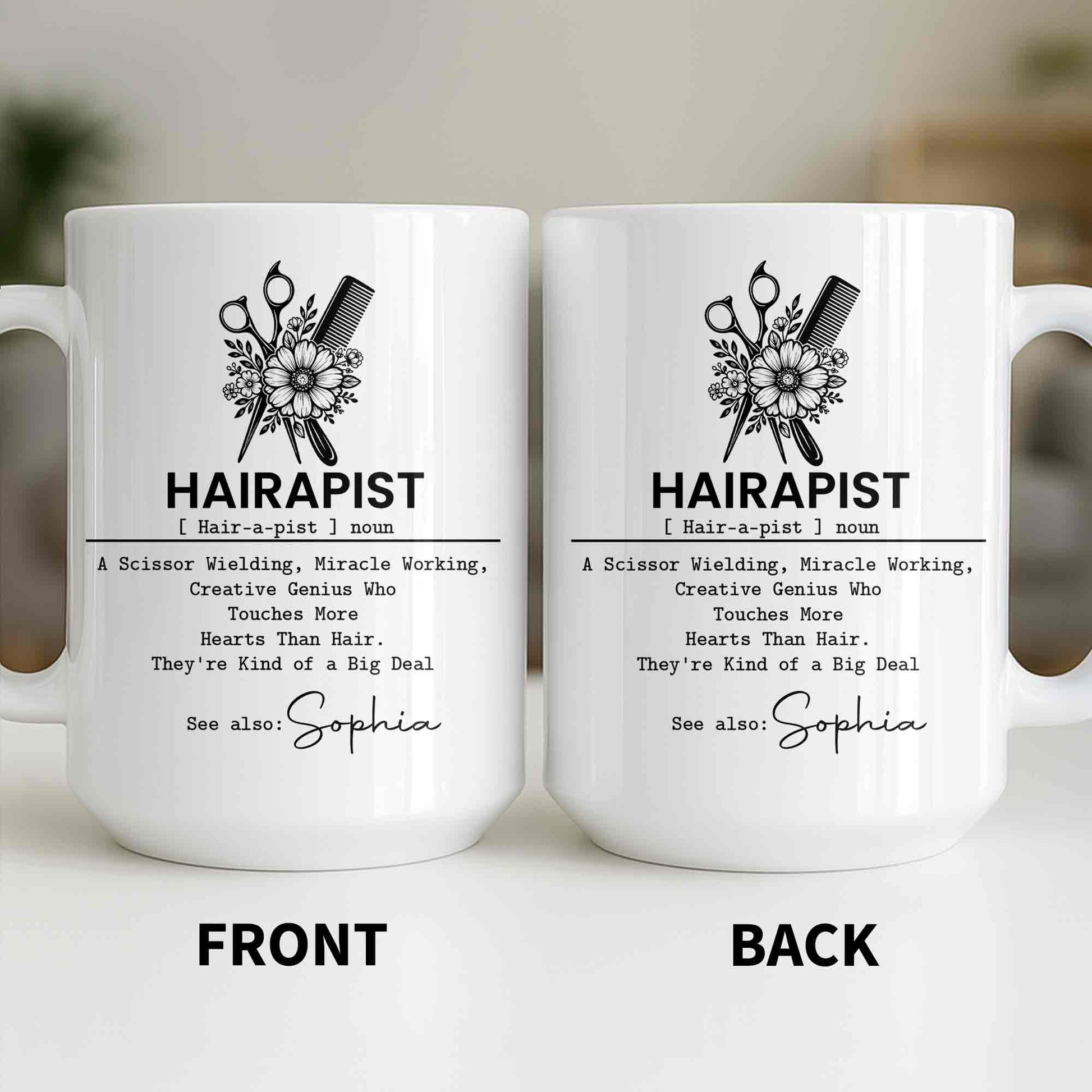 Personalized hair stylist mug featuring a floral scissor and comb graphic with a custom name option for hairdressers image 7