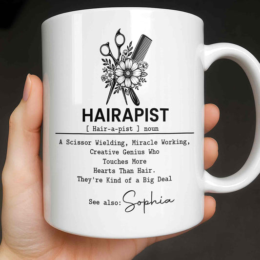 Personalized hair stylist mug featuring a floral scissor and comb graphic with a custom name option for hairdressers