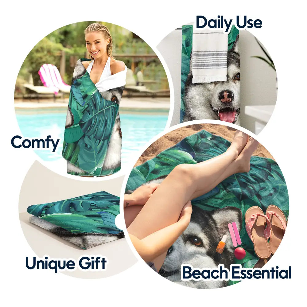 Personalized Tropical Leaves Beach Towel - Custom Pet Photo