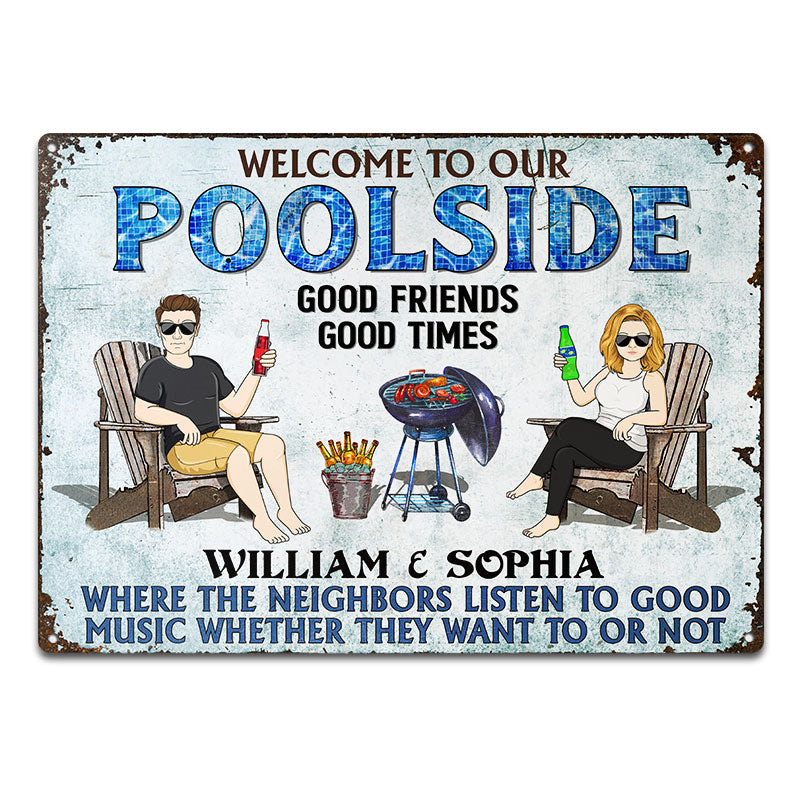 Poolside Grilling & Good Music - Personalized Metal Sign