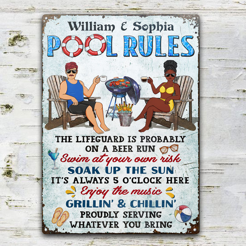 Pool Rules: Swim At Your Own Risk - Personalized Metal Sign