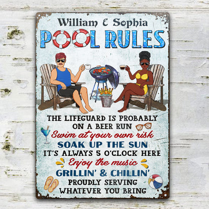 Pool Rules: Swim At Your Own Risk - Personalized Metal Sign
