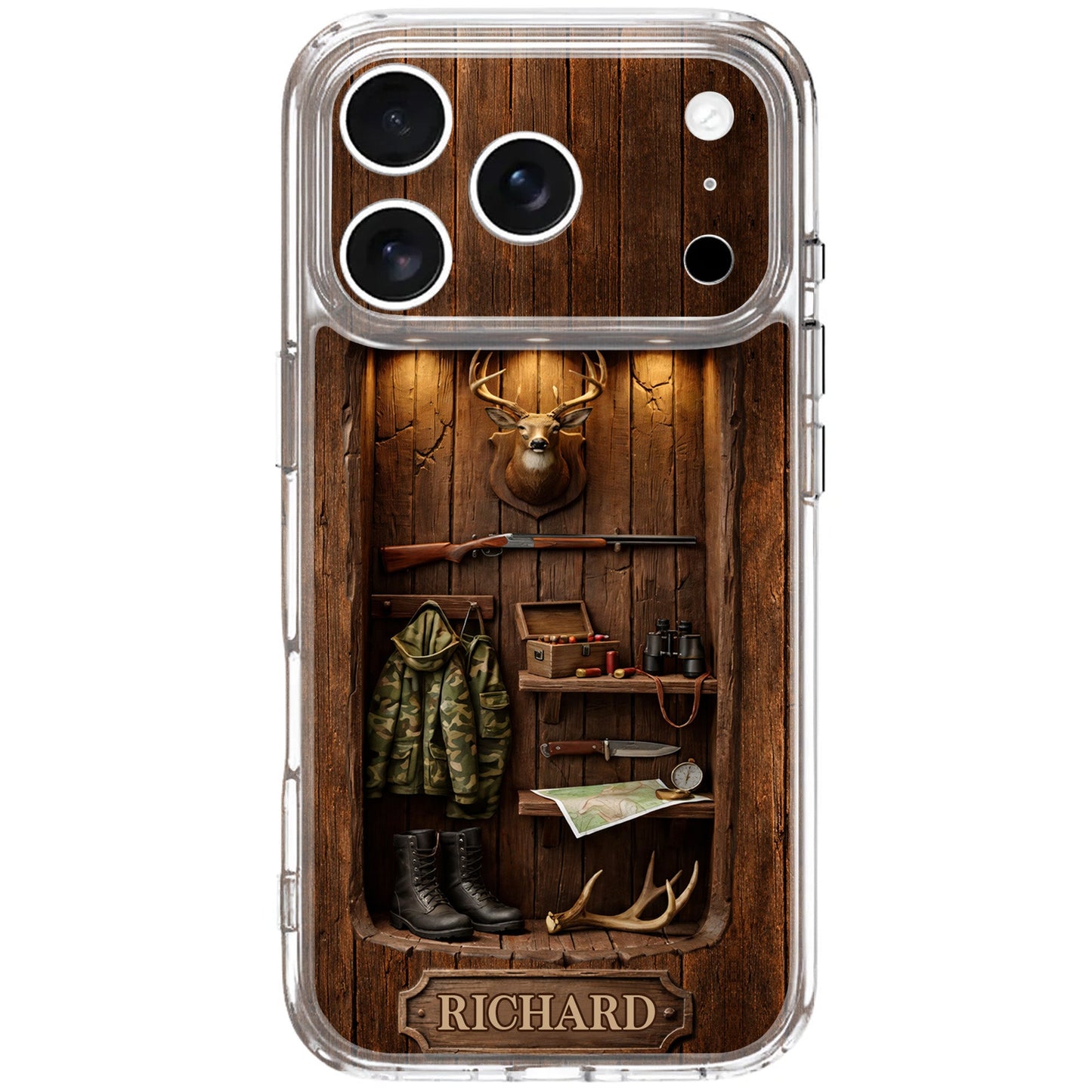 Custom hunting cabin phone case with rustic wood wall, mounted deer head, rifle, camo jacket, and personalized name plate image 10