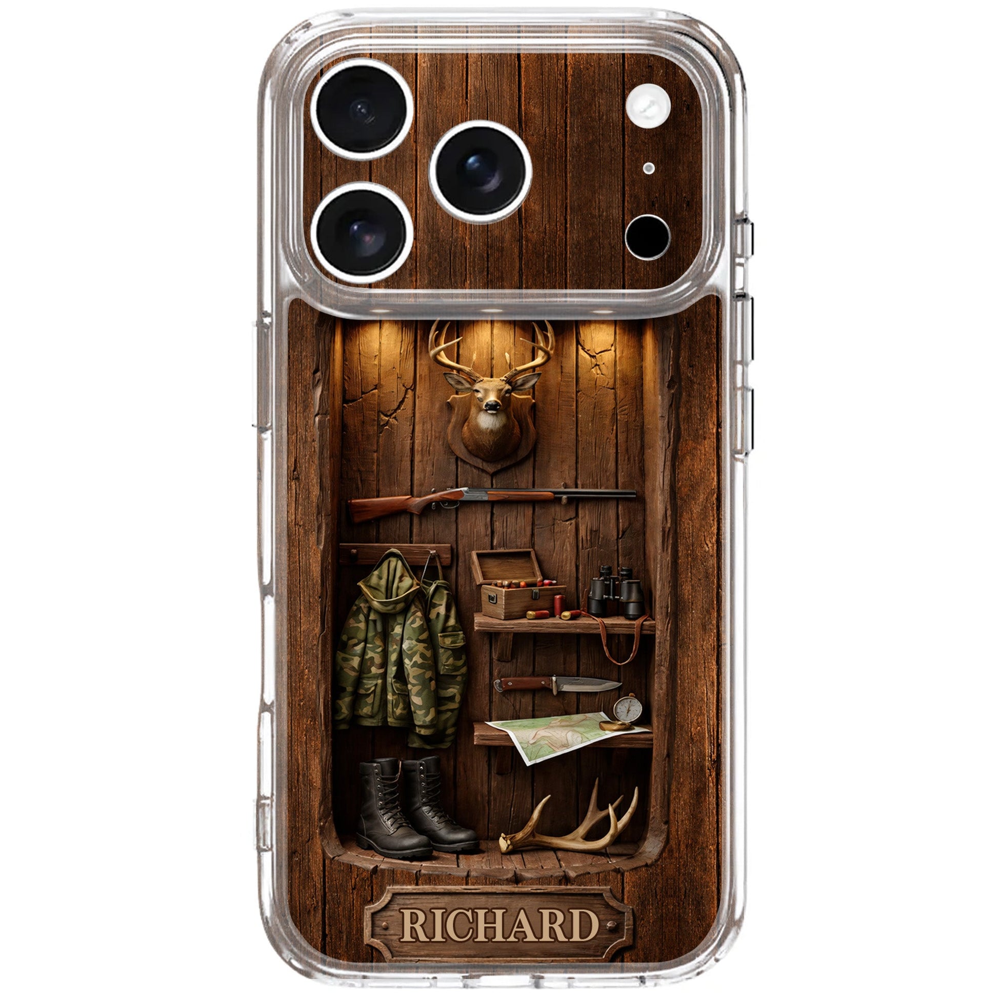 Custom hunting cabin phone case with rustic wood wall, mounted deer head, rifle, camo jacket, and personalized name plate image 10