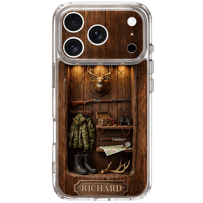 Custom hunting cabin phone case with rustic wood wall, mounted deer head, rifle, camo jacket, and personalized name plate image 10