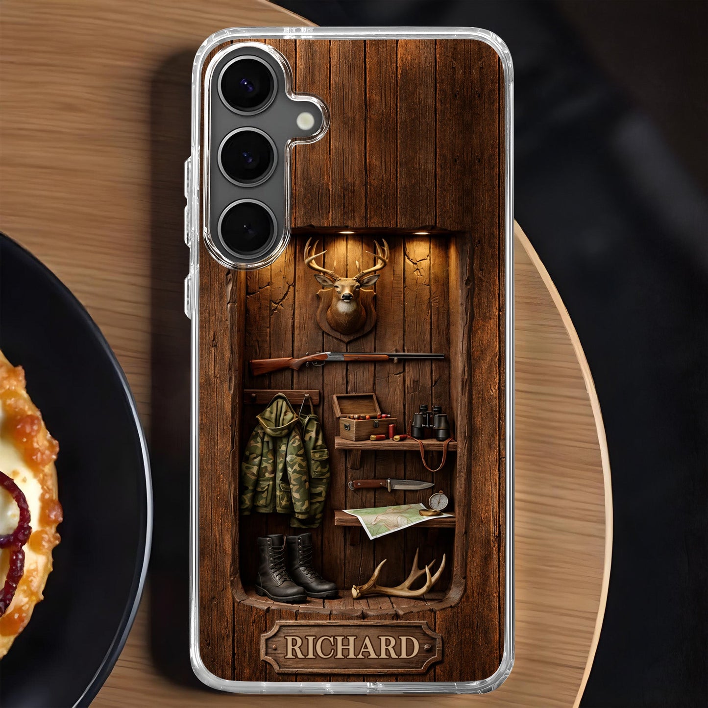 Custom hunting cabin phone case with rustic wood wall, mounted deer head, rifle, camo jacket, and personalized name plate image 7