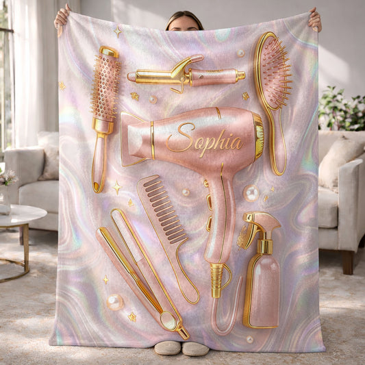 Personalized hair stylist blanket featuring custom name and pink salon tools for hairdressers