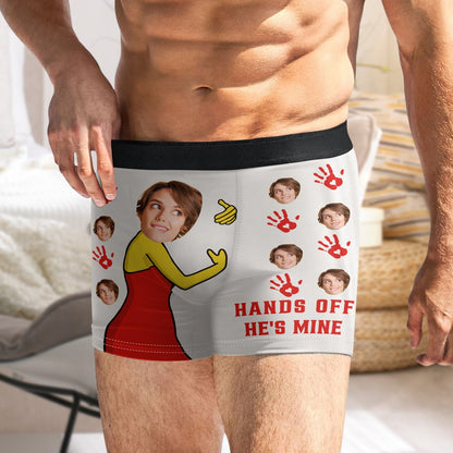 Personalized Custom Photo Hands Off He's Mine Men's Boxer Briefs - Funny Gift For Husband, Boyfriend
