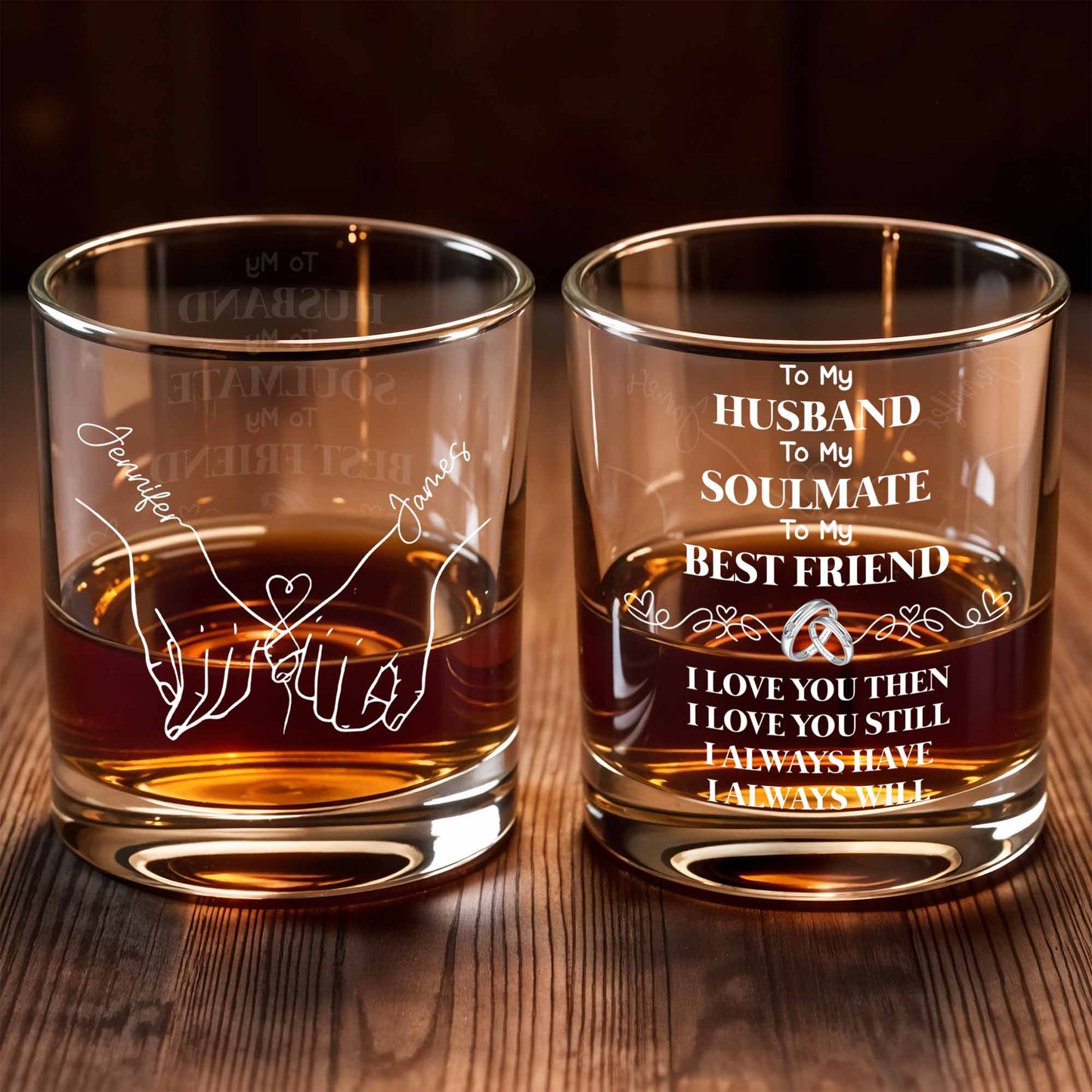 Personalized husband whiskey glass featuring romantic quote and custom names holding hands design image 6