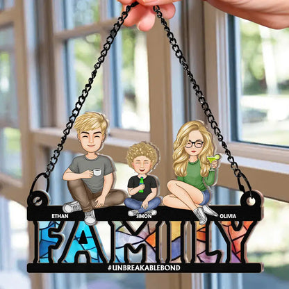 Cartoon Family Forever Unbreakable Bond - Personalized Window Hanging Suncatcher Ornament