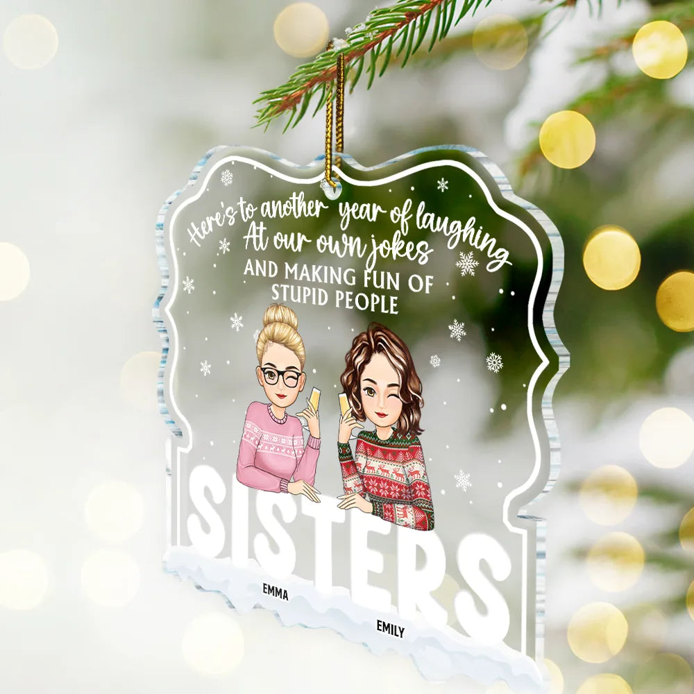 Christmas Besties Cartoon Drinking Here's To Another Year - Personalized Custom Shaped Acrylic Ornament