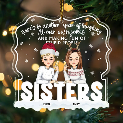 Christmas Besties Cartoon Drinking Here's To Another Year - Personalized Custom Shaped Acrylic Ornament