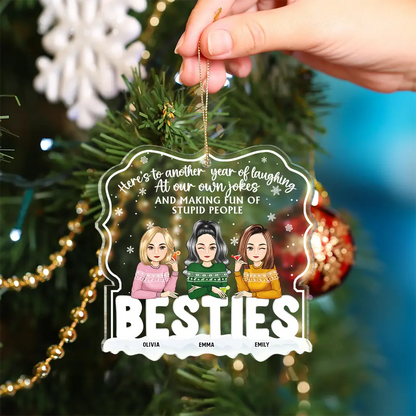 Christmas Besties Cartoon Drinking Here's To Another Year - Personalized Custom Shaped Acrylic Ornament