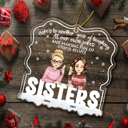 Christmas Besties Cartoon Drinking Here's To Another Year - Personalized Custom Shaped Acrylic Ornament