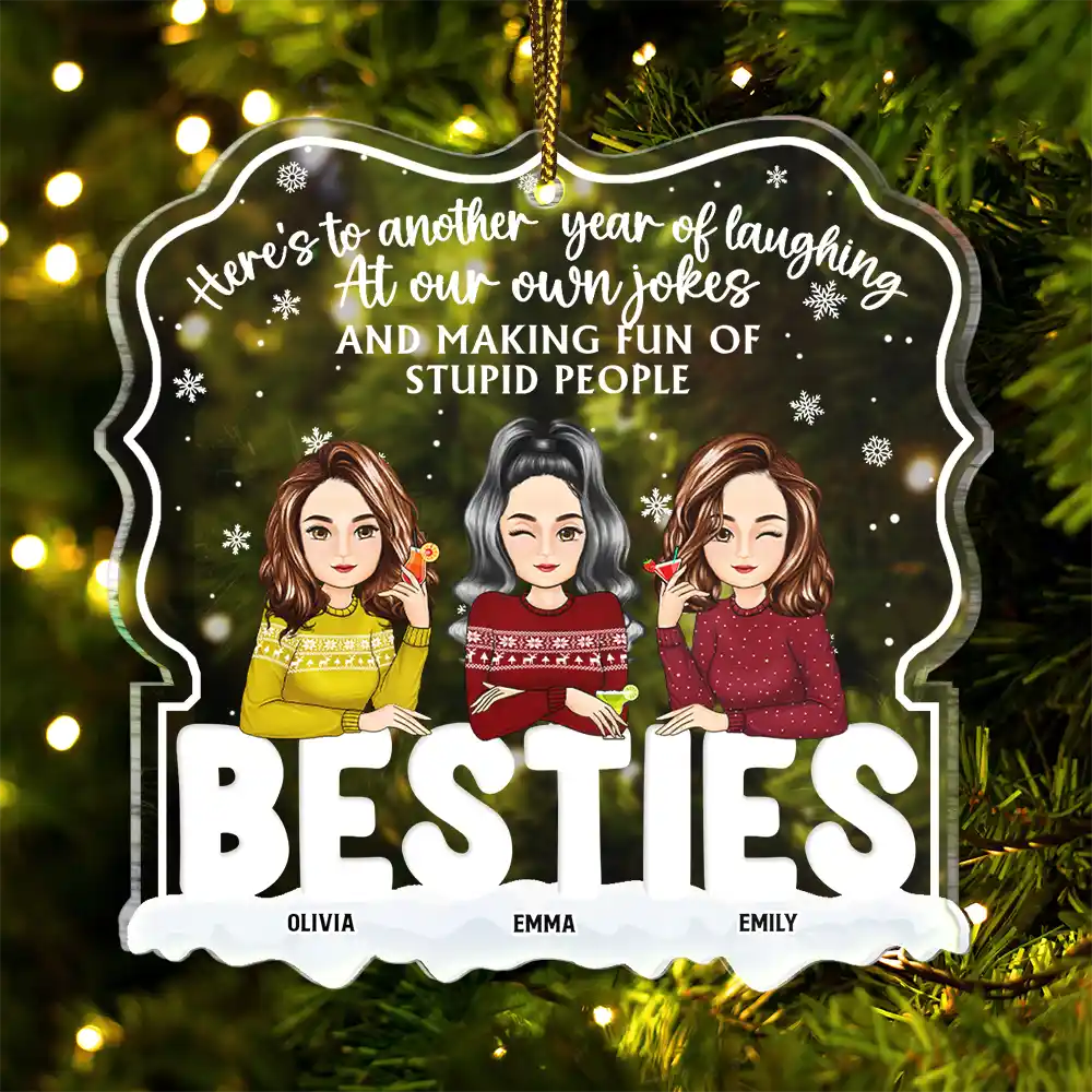 Christmas Besties Cartoon Drinking Here's To Another Year - Personalized Custom Shaped Acrylic Ornament