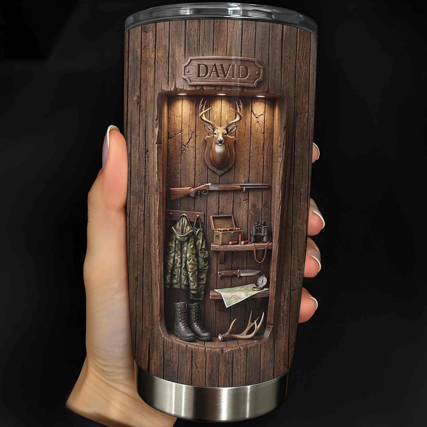 Personalized hunting gifts stainless steel tumbler with custom deer cabin design for dad or hunting lovers