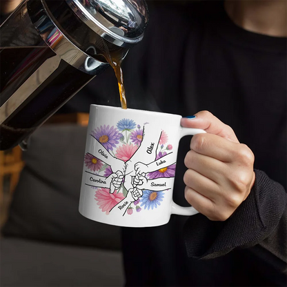 Gift For Grandma, Gift For Mother, Love, Happy - Hand In Hand Birth Flower Grandma Mom - Personalized White Edge-to-Edge Mug
