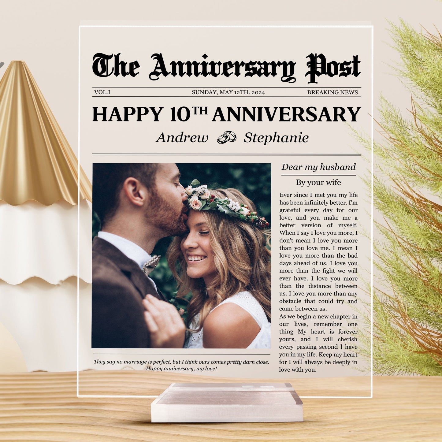 Custom Newspaper Anniversary Plaque for Wife with personalized design details for meaningful gifting