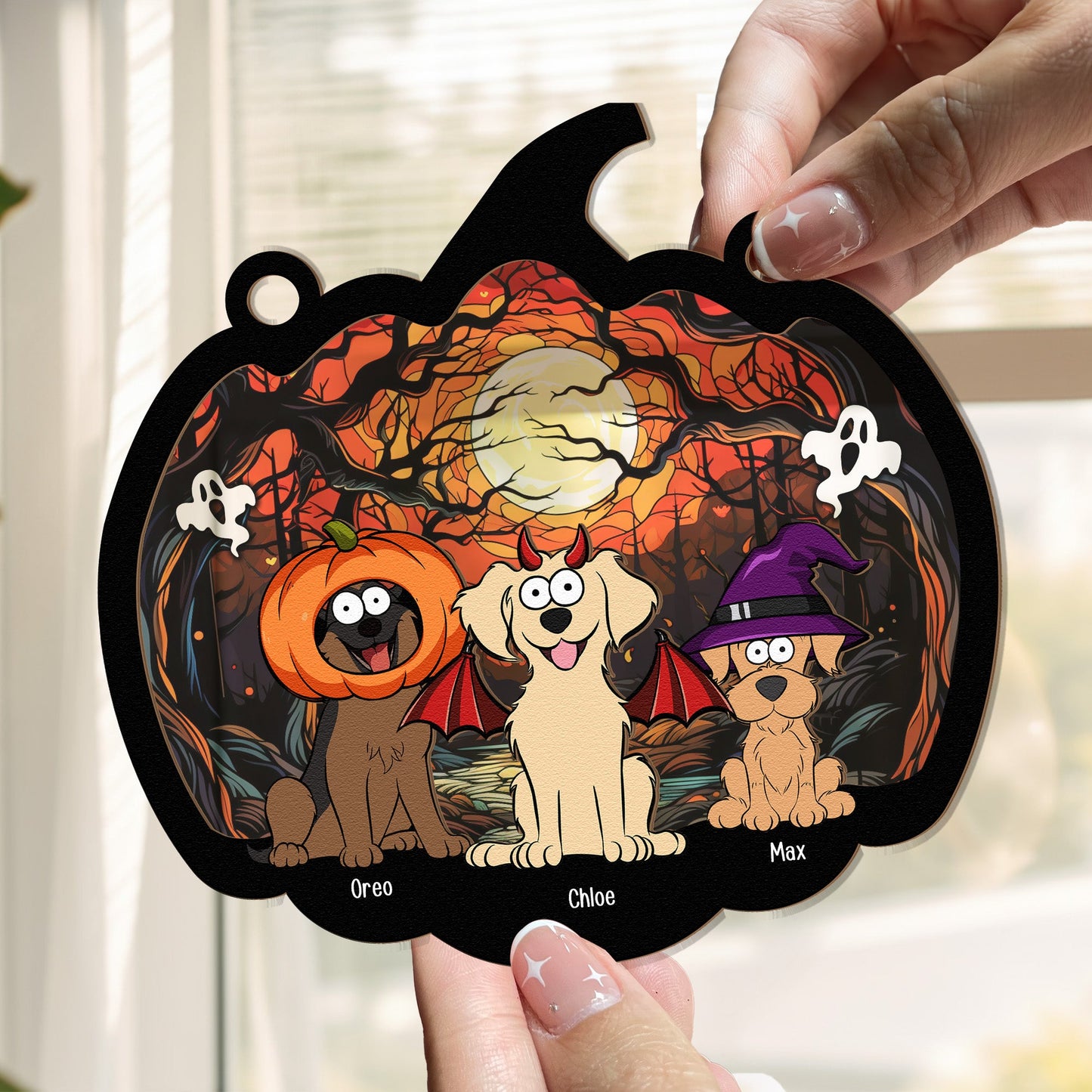 Happy Halloween With Fur Babies - Personalized Window Hanging Suncatcher Ornament