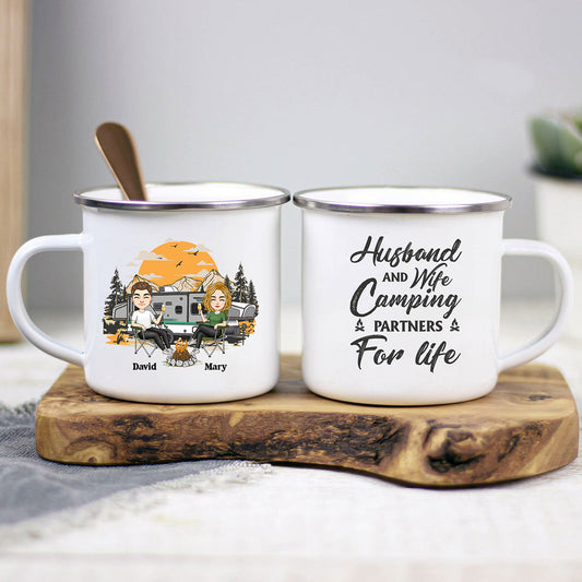 Husband And Wife Camping Partners For Life - Personalized Enamel Mug