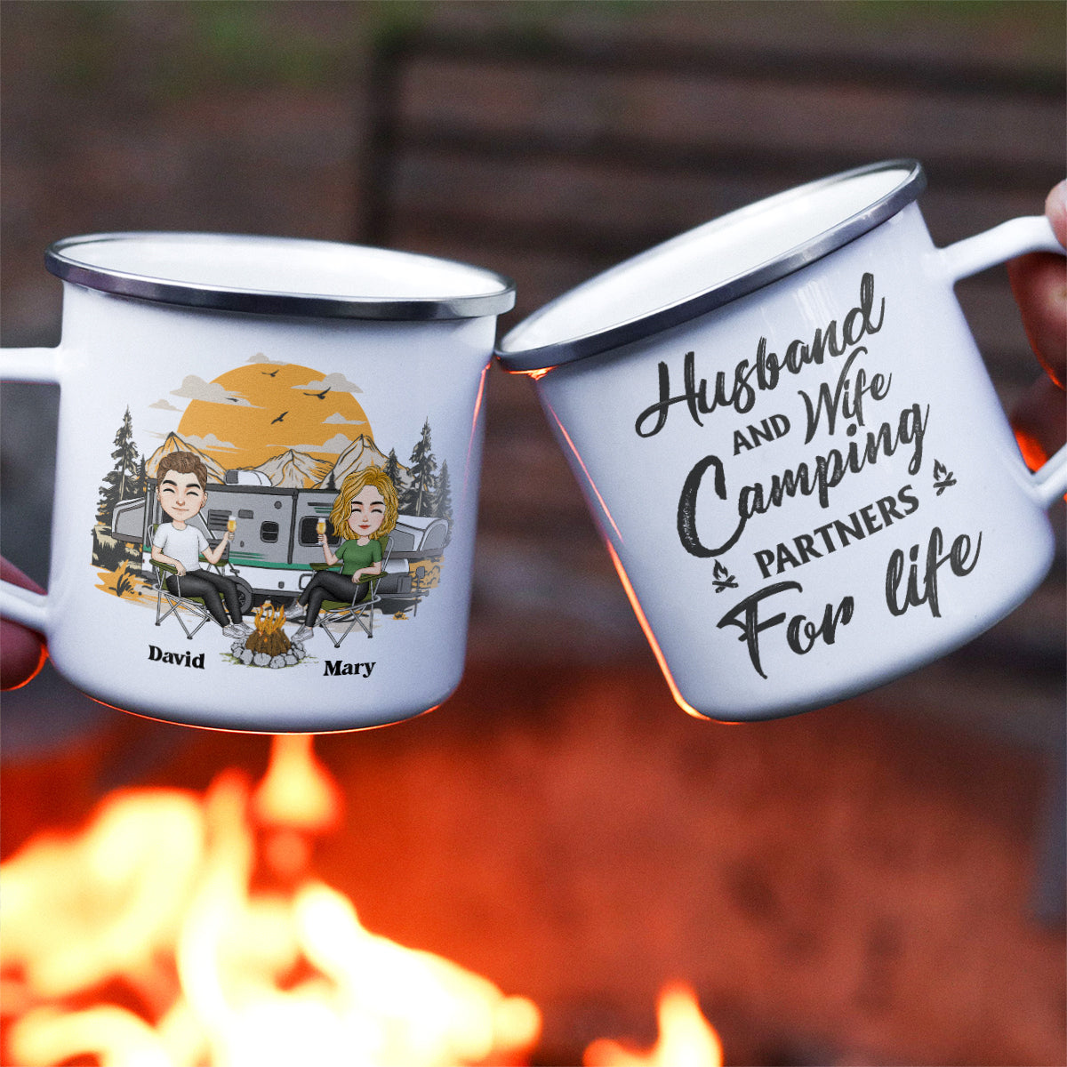 Husband And Wife Camping Partners For Life - Personalized Enamel Mug