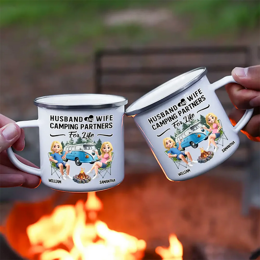 Camping,Campsite,Happy,Gift For Couples,Gift For Husband,Gift For Wife,Gift For Boyfriend,Gift For Girlfriend - Husband & Wife Camping Partners For Life - Personalized Enamel Mug
