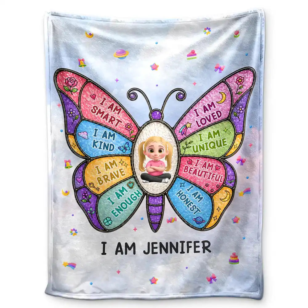 Personalized kids affirmation blanket with custom name and butterfly artwork for children gift
