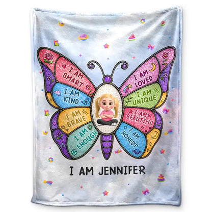 Personalized kids affirmation blanket with custom name and butterfly artwork for children gift