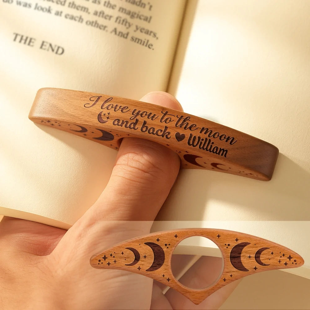 Personalized book page holder engraved with I Love You To The Moon and Back for book lovers