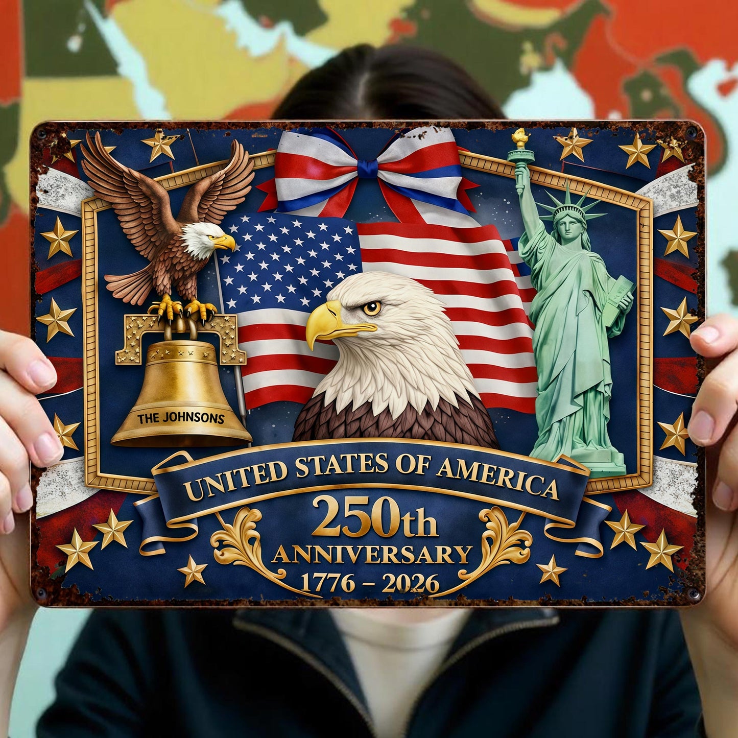 United States Of America Anniversary Bald Eagle Flag And Statue Of Liberty