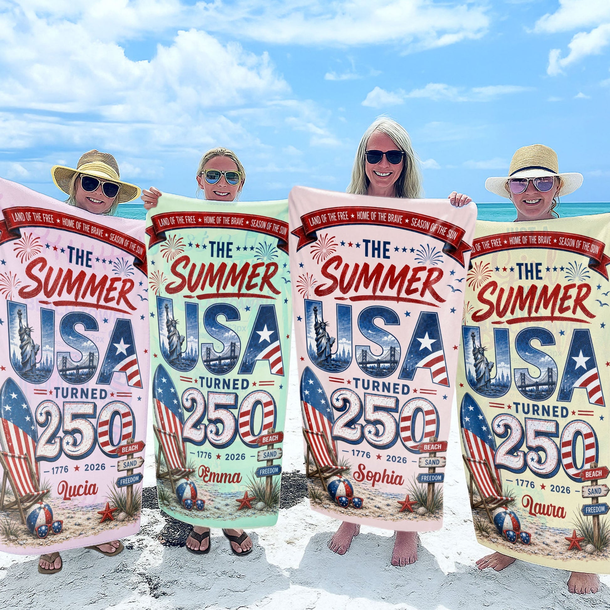 Personalized beach towel featuring The Summer USA Turned 250 design with custom name print for patriotic summer vacations.