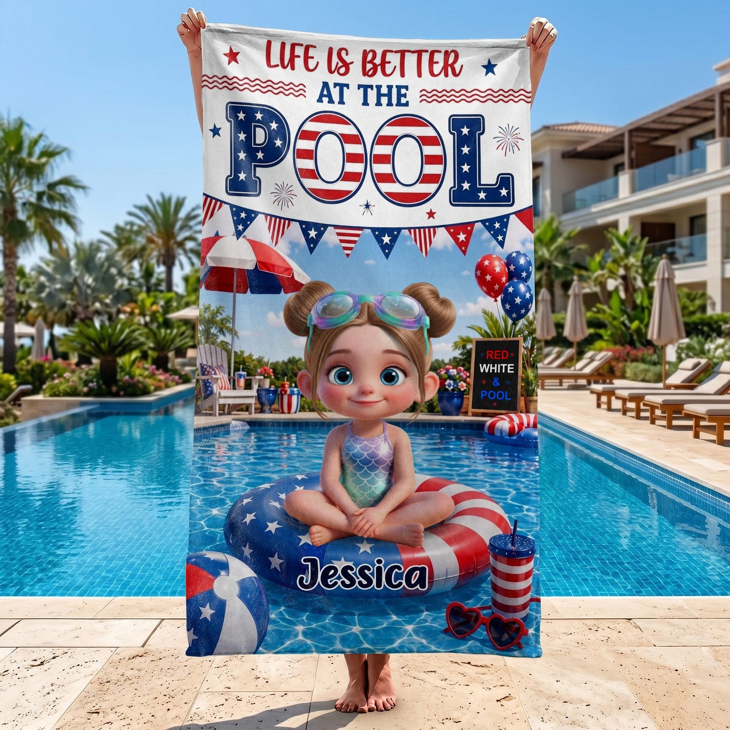 Personalized Patriotic Girl Pool Beach Towel for Daughter/Granddaughter