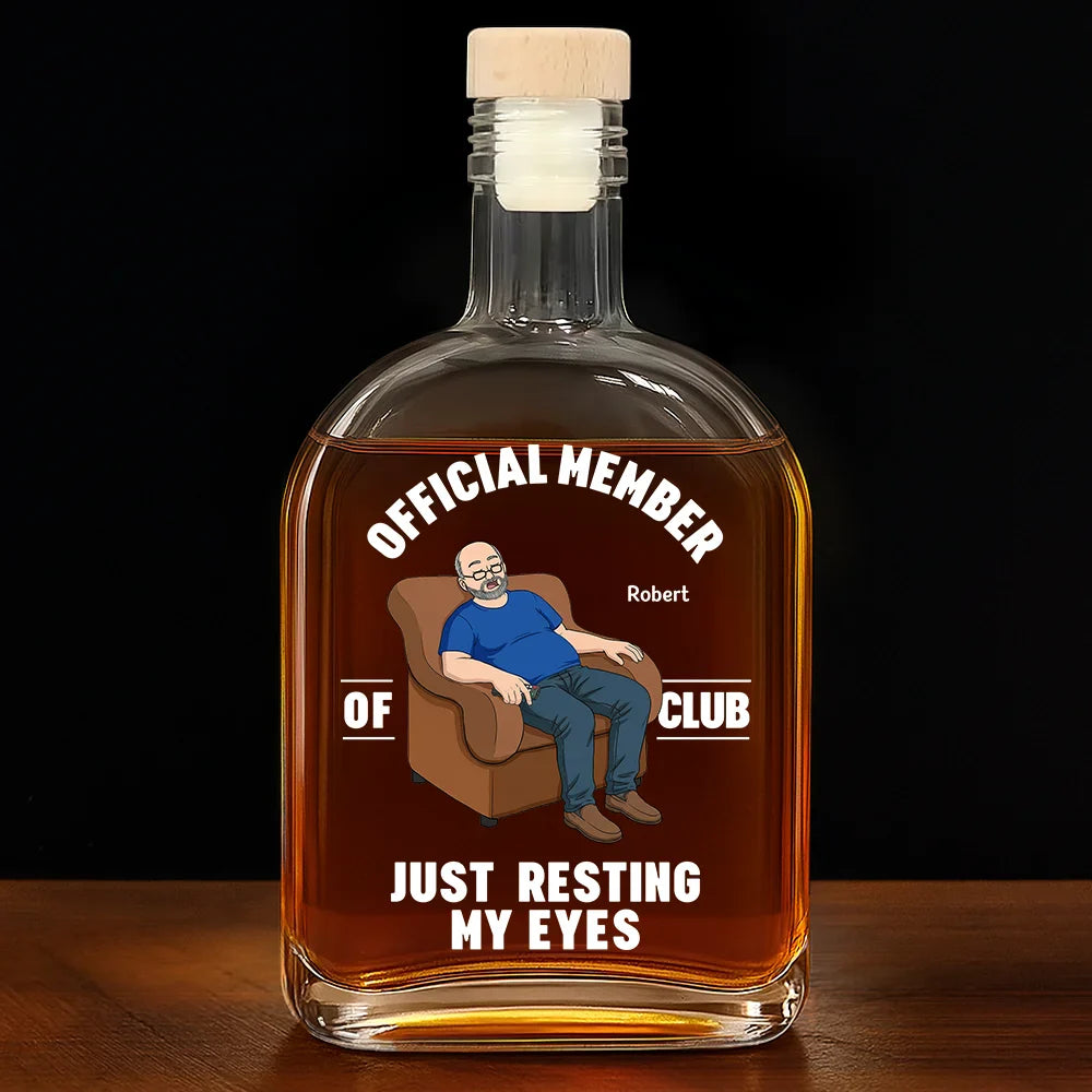 Personalized whiskey bottle printed with funny resting my eyes cartoon character for grandpa gift
