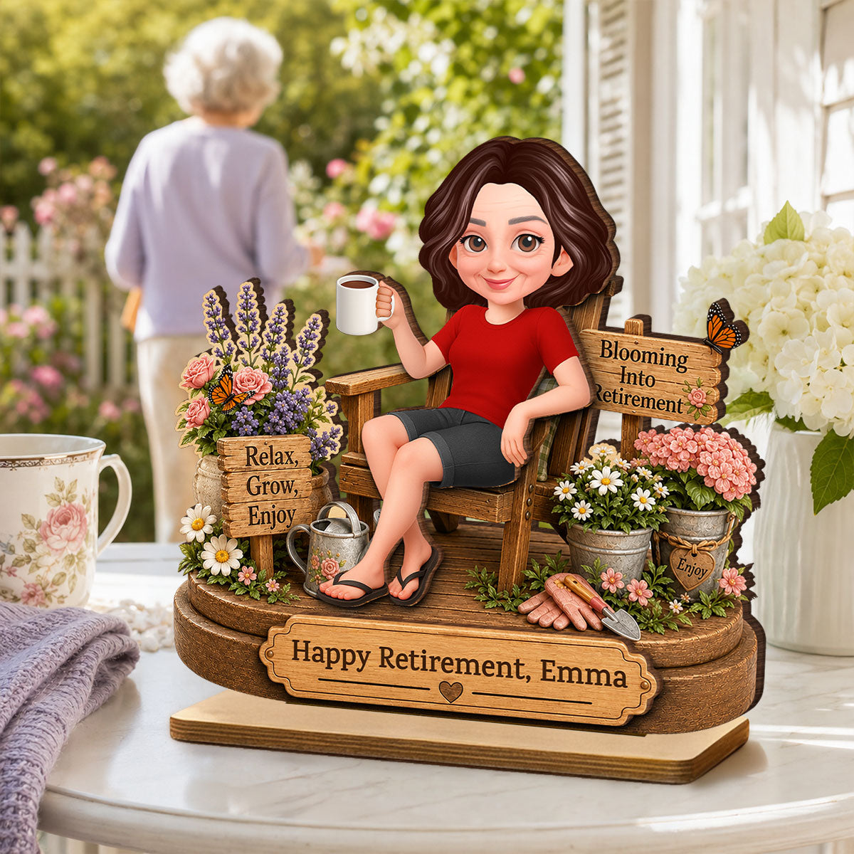 Personalized retirement gifts for women featuring a custom wooden plaque with a gardening design for grandma. image 10