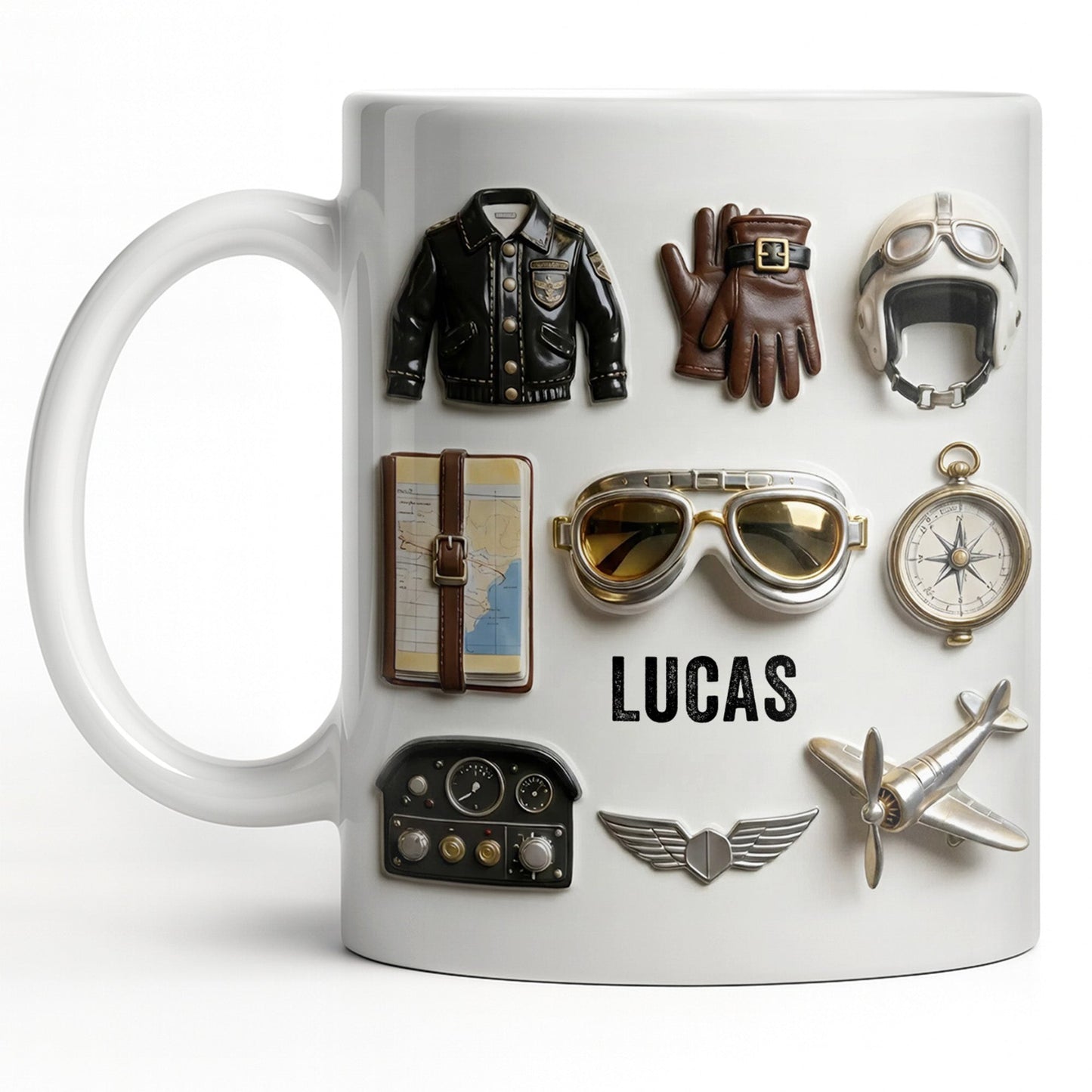 Personalized pilot mug featuring vintage aviation gear icons with name Lucas printed on a white ceramic mug image 10