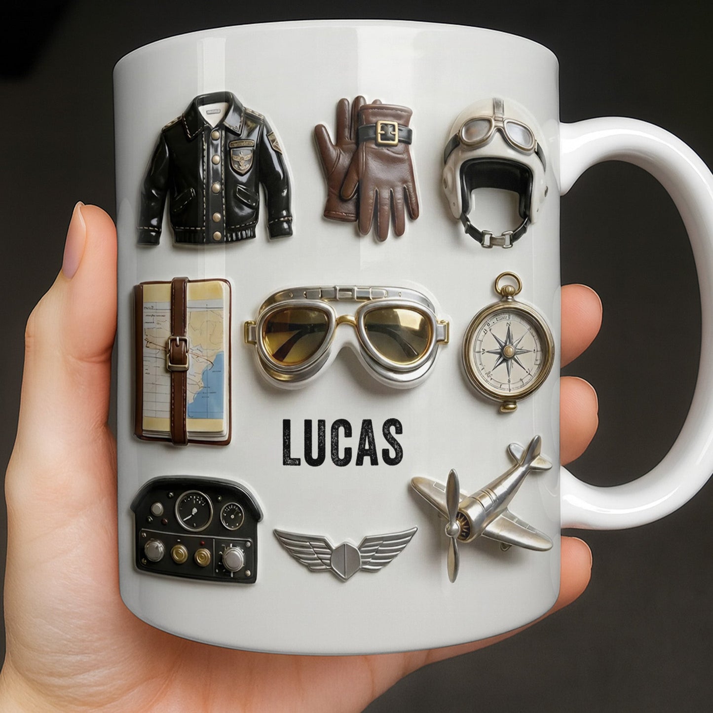 Personalized pilot mug featuring vintage aviation gear icons with name Lucas printed on a white ceramic mug