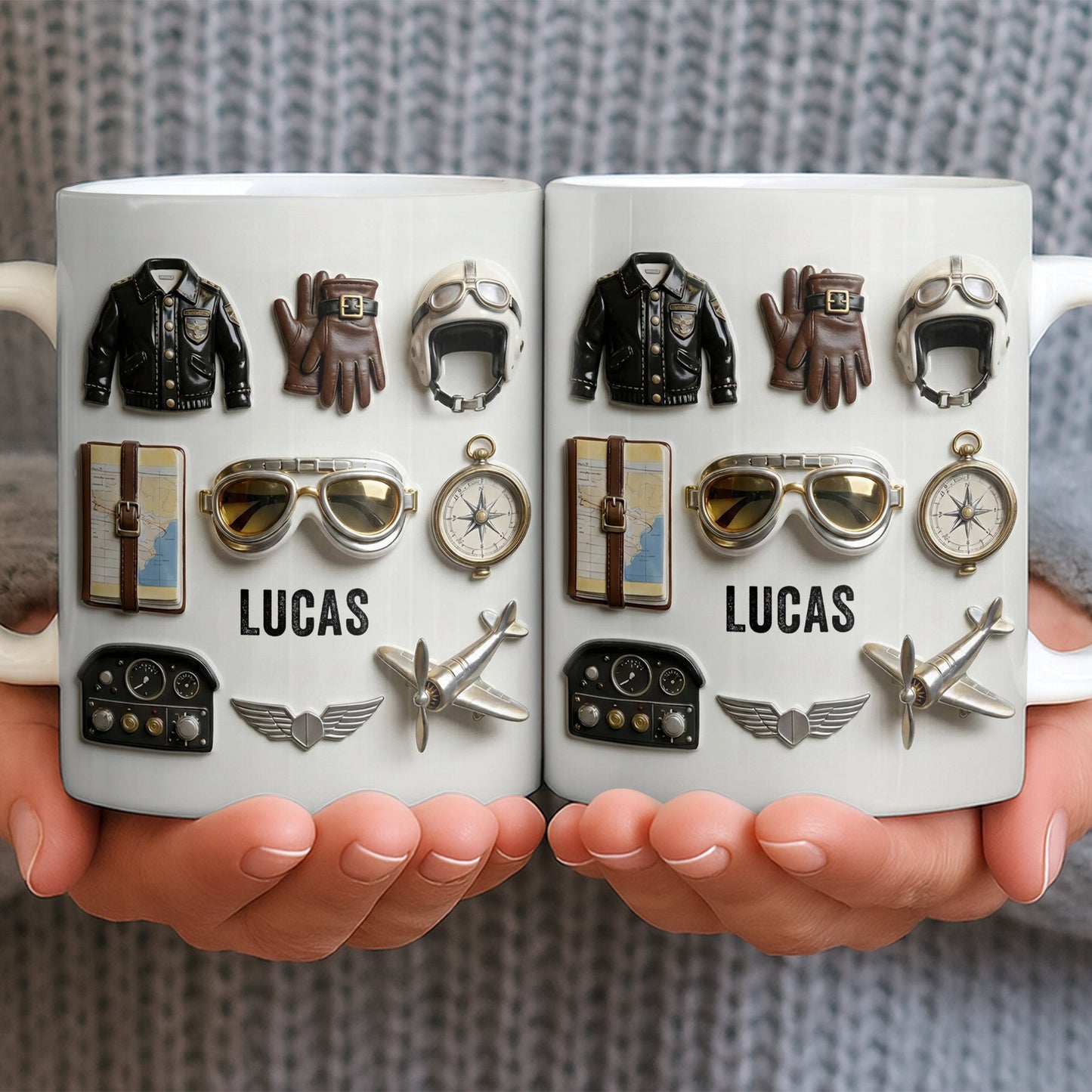 Personalized pilot mug featuring vintage aviation gear icons with name Lucas printed on a white ceramic mug image 6