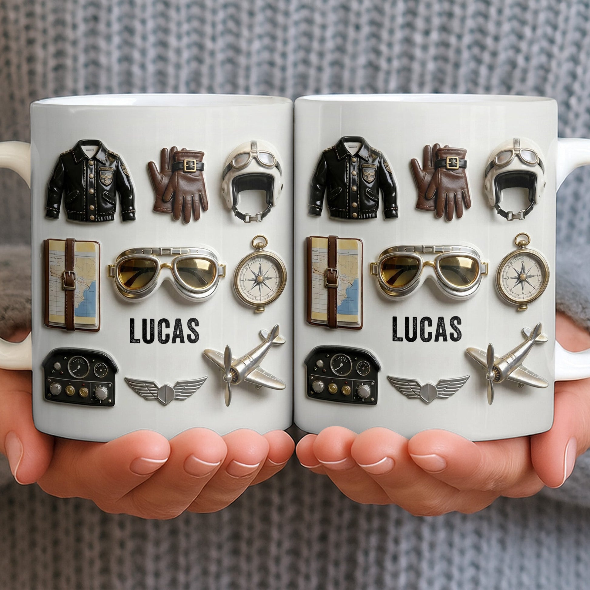 Personalized pilot mug featuring vintage aviation gear icons with name Lucas printed on a white ceramic mug image 6