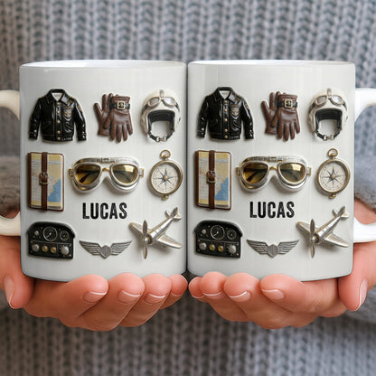 Personalized pilot mug featuring vintage aviation gear icons with name Lucas printed on a white ceramic mug image 6