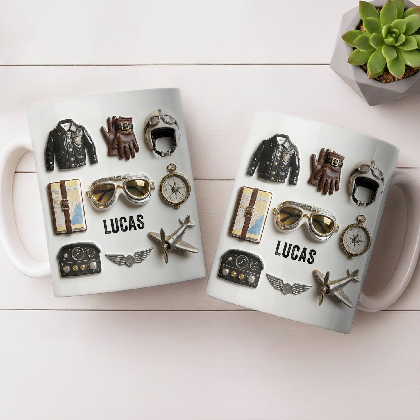 Personalized pilot mug featuring vintage aviation gear icons with name Lucas printed on a white ceramic mug image 7