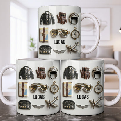 Personalized pilot mug featuring vintage aviation gear icons with name Lucas printed on a white ceramic mug image 8