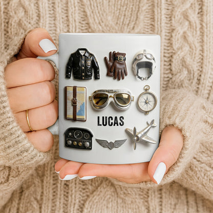Personalized pilot mug featuring vintage aviation gear icons with name Lucas printed on a white ceramic mug image 9