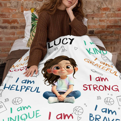 I Am Strong, Brave And Unique, Cartoon Girl Blanket