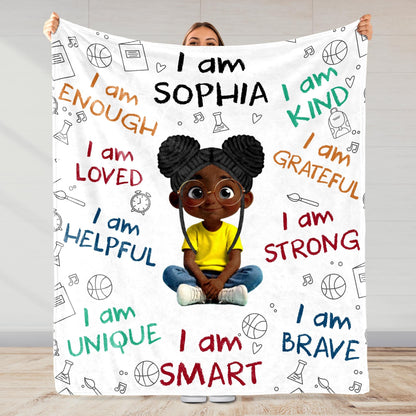I Am Strong, Brave And Unique, Cartoon Girl Blanket