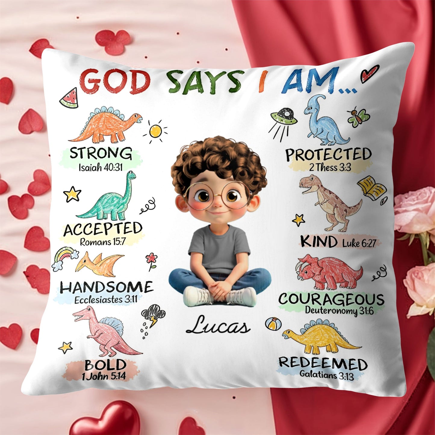 God Says I Am Strong, Protected, Kind, Cartoon Child Pillow