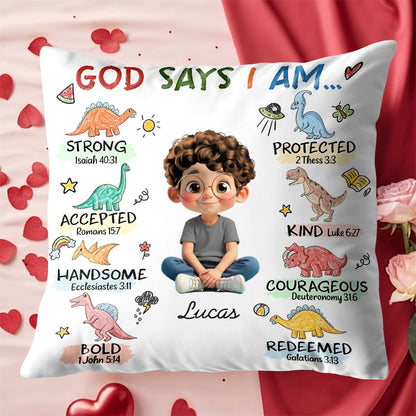 God Says I Am Strong, Protected, Kind, Cartoon Child Pillow