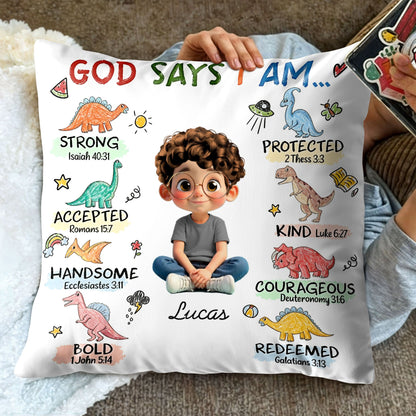 God Says I Am Strong, Protected, Kind, Cartoon Child Pillow