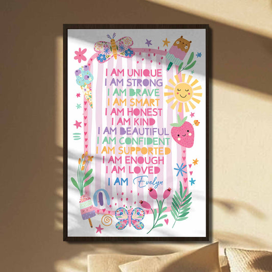 Personalized kids positive affirmations poster featuring colorful butterflies, sun, and custom name for nursery decor