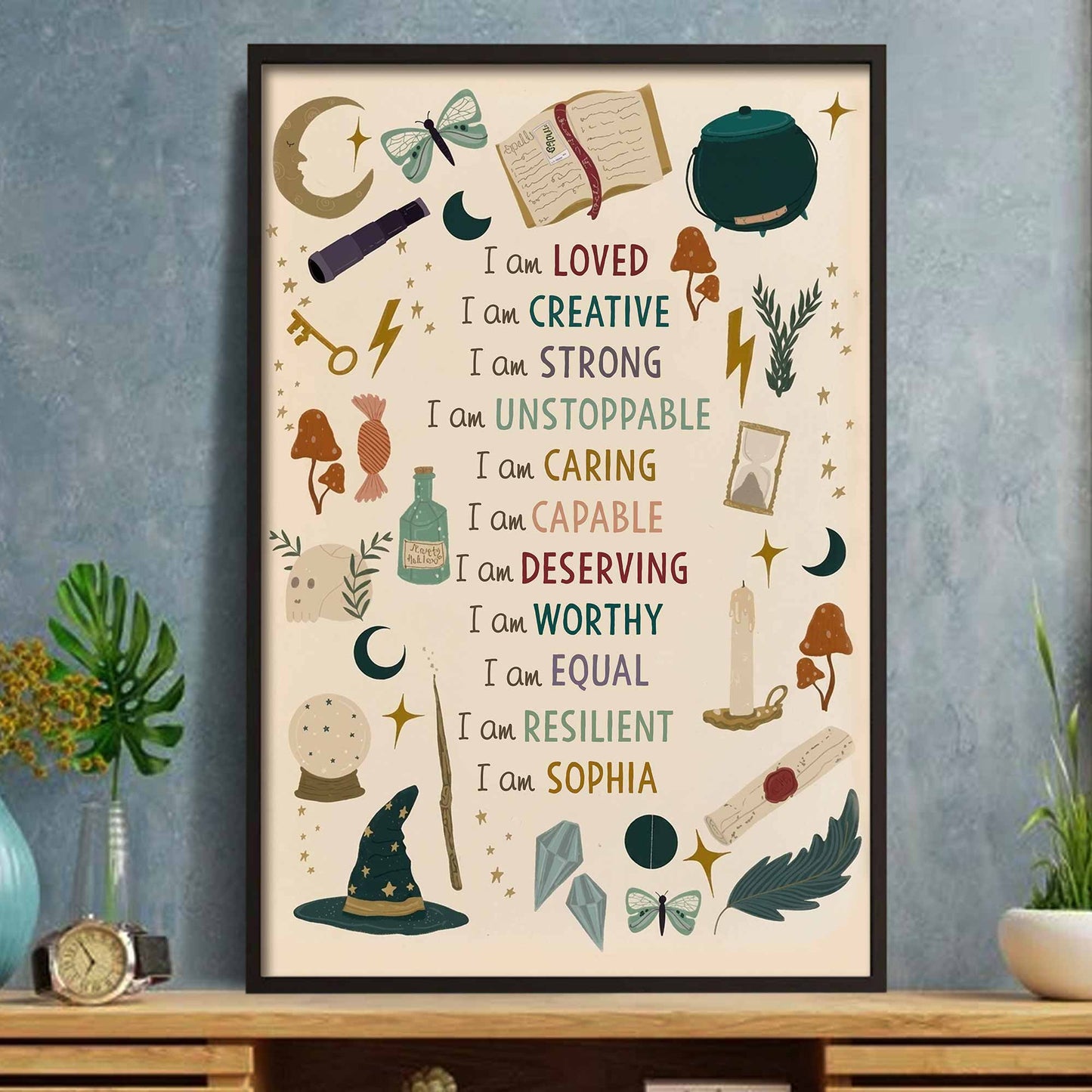 Custom kids affirmation poster featuring a magical witch hat, wand, and stars personalized for a child image 7