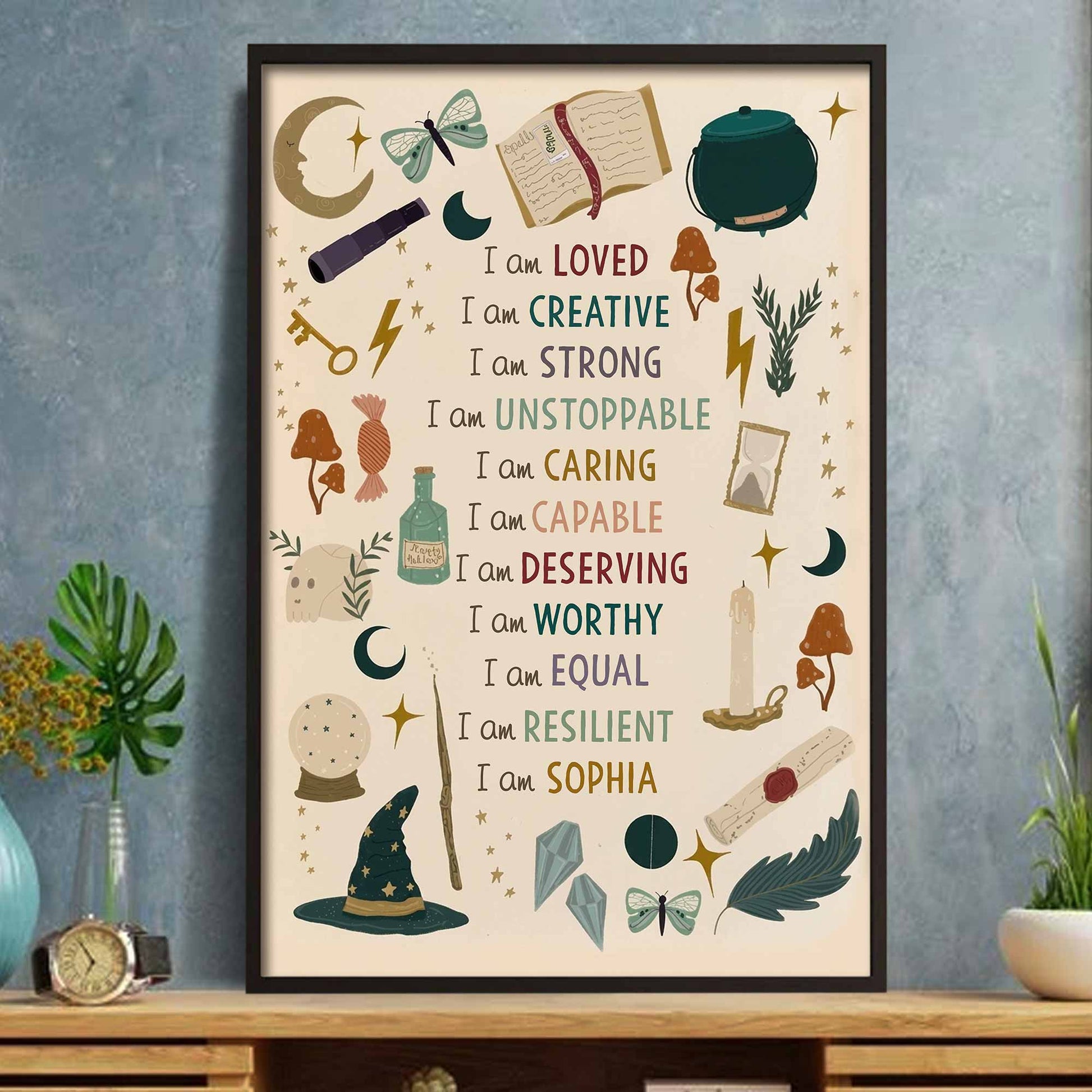 Custom kids affirmation poster featuring a magical witch hat, wand, and stars personalized for a child image 7